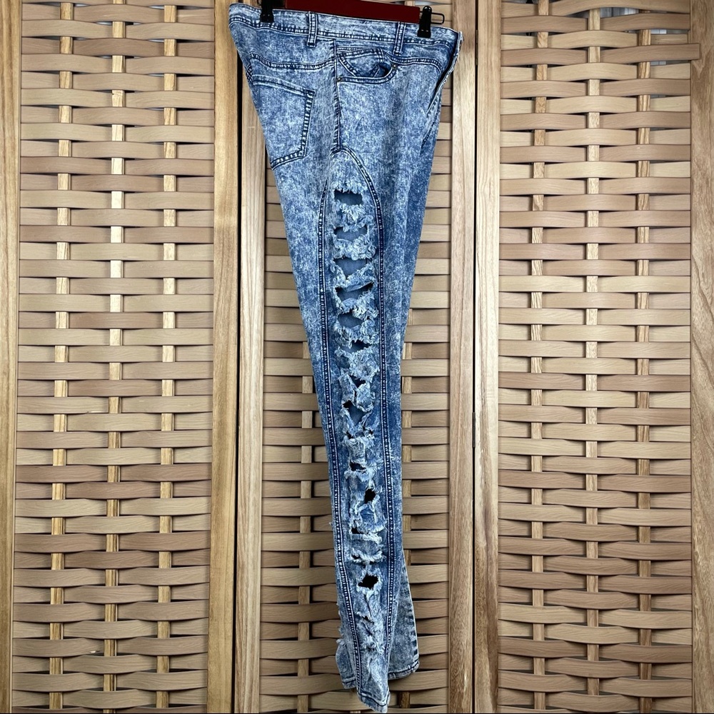 RED FOX Distressed Side Slashed Acid Washed High Rise Jeans 80s - Picture 2 of 6